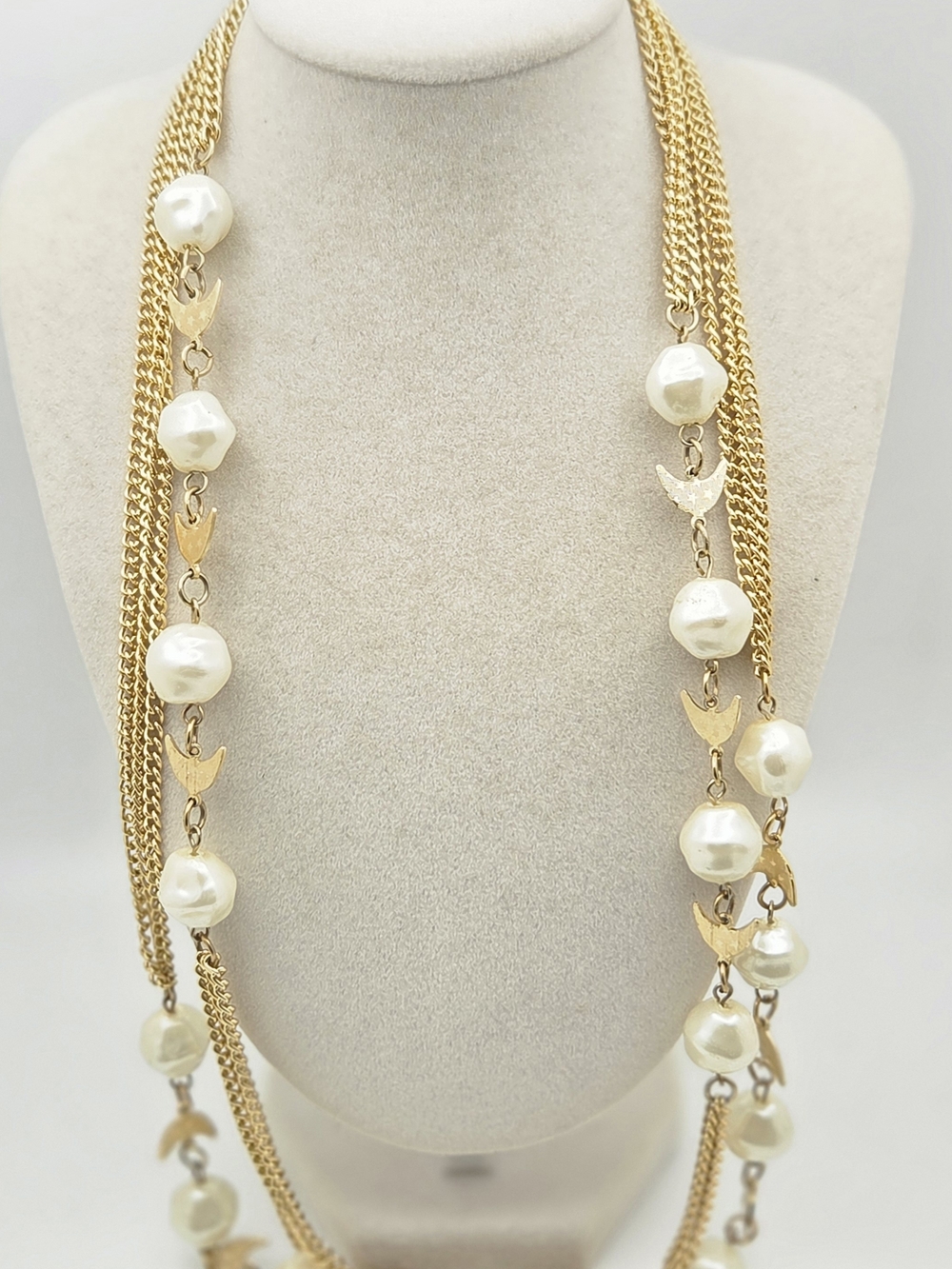 Vintage Celestial Multi-Strand Layering Necklace 54” – Faux Pearl & Stars